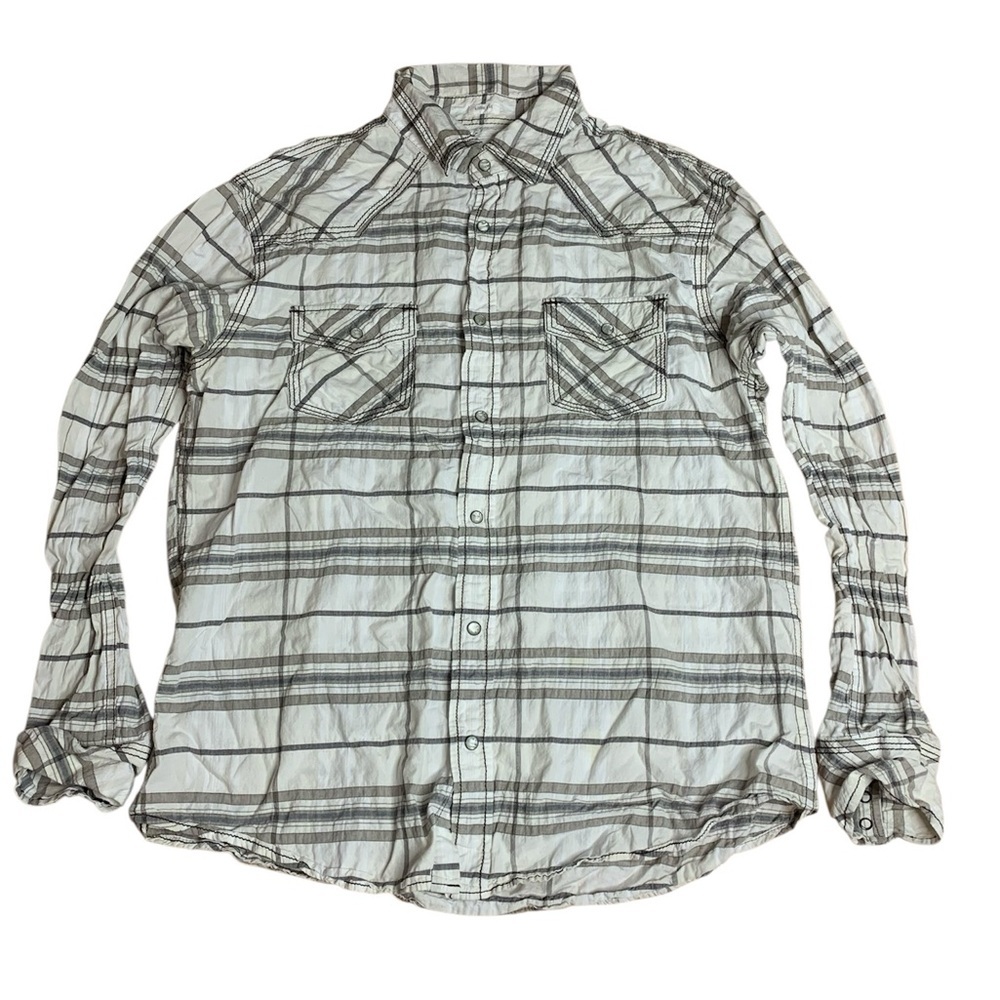 💜 BKE Slim Fit Plaid Pearl Snap Western Shirt Gray White Large Cotton